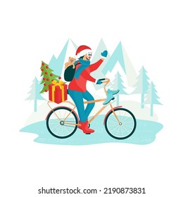 A cheerful girl rides a bicycle and carries gifts. Template for Christmas, New Year. Vector illustration in cartoon style on a white background.