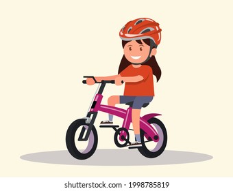 Cheerful girl rides a bicycle. Vector illustration of a flat design