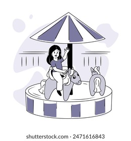 A cheerful girl rides on a childrens carousel in an amusement park. Family leisure and entertainment vector illustration