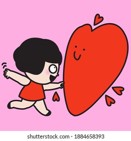 Cheerful Girl Is Running To A Red Heart. Valentine's Day Character Card illustration Concept