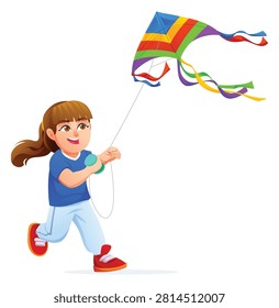 Cheerful girl running while holding a colorful flying kite string with two hands. Vector cartoon illustration