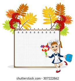 cheerful girl in school uniform on the background of a notebook and the branches of the ash tree,vector illustration