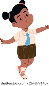 Cheerful girl in a school uniform with a tie and shorts, smiling with arms outstretched in a cartoon style. Child wearing formal attire, expressing joy and playfulness. Cartoon vector illustration.