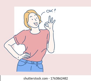 Cheerful girl showing an OK fingers sign. You can add more content in the space. Hand drawn in thin line style, vector illustrations.