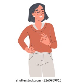 Niña alegre que muestra la señal de que está bien. Mujer con gesto positivo, persona sonriente feliz lenguaje corporal ilustración vectorial plana sobre fondo blanco