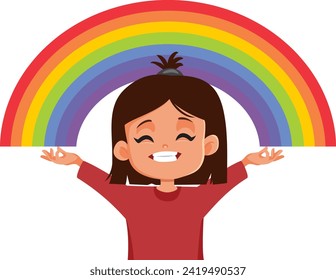 
Cheerful Girl Showing a Rainbow of Happiness and Fulfillment Vector. Happy creative kindergarten student feeling positive and optimistic
