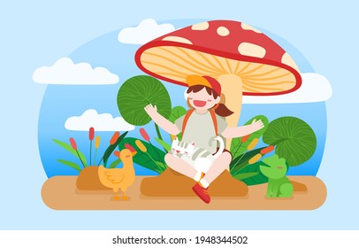 Cheerful girl sitting   playing and kitten  drug   frog under large mushroom  drawing design cartoon character  flat vector illustration