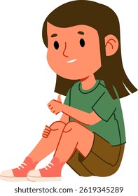 A cheerful girl sitting with a thumbs up gesture in a cartoon drawing.  The positive character shows approval and happiness. Cartoon Vector Illustration.