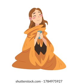 Cheerful Girl Sitting Under a Cozy Plaid Enjoying Hot Drink Mug, Young Woman Drinking Beverage Wrapped in Blanket Vector Illustration