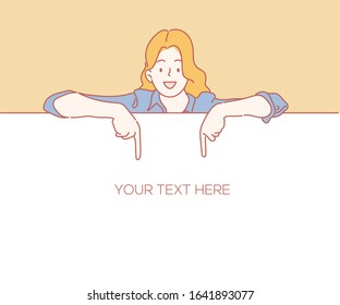 Cheerful girl is standing behind the white blank banner and pointing down at a copy space. Hand drawn style, Vector illustrations.