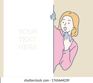 Cheerful girl is standing behind the white blank banner and pointing down at a copy space. Hand drawn in thin line style, vector illustrations.