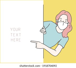 Cheerful girl is standing behind the white blank banner and pointing at a copy space. Hand drawn in thin line style, vector illustrations.