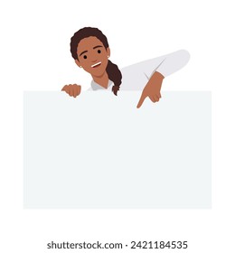 Cheerful girl is standing behind the white blank banner and pointing down at a copy space. Flat vector illustration isolated on white background