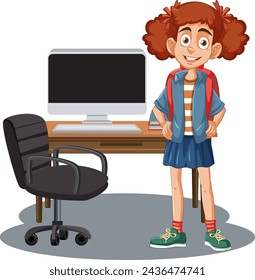Cheerful girl standing by her computer desk