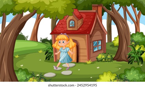 Cheerful girl standing by a whimsical woodland house