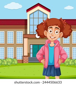 Cheerful girl standing in front of her school.