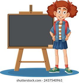 Cheerful girl standing next to an empty blackboard