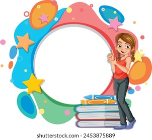 Cheerful girl standing next to a stack of books.