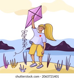 A cheerful girl is standing on a mountain with a kite in her hands in a cartoon style. Vector illustration for posters, postcards, T-shirts.