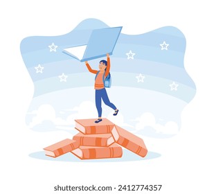 Cheerful girl standing on a pile of books. Bring an open book to read. Education concept. Flat vector illustration.