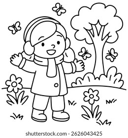 Cheerful girl standing outdoors in blooming spring scene with flowers, trees, and butterflies, created as a lineart coloring page for children