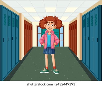 Cheerful girl standing in a school corridor