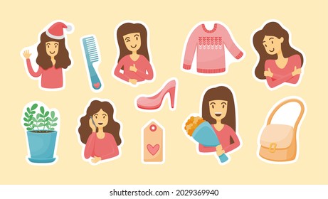 Cheerful girl with stickers things. Woman smiling in new years hat and shivering from cold. Communication with friends on phone and happy with bouquet flowers. Vector cartoon label