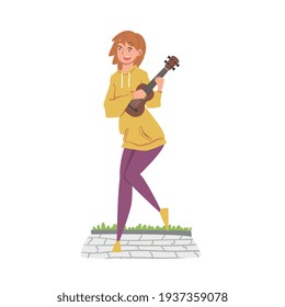 Cheerful Girl Street Musician Character Playing Ukulele, Live Performance Concept Cartoon Style Vector Illustration