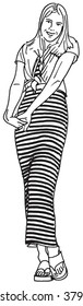 cheerful girl in a striped skirt