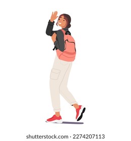 Alegre Personaje Estudiantil Ondeando La Mano Con La Mochila En La Espalda. La Imagen De Vibe Energética Y Positiva Promueve Institución Educativa O Productos Relacionados Con Estudiantes. Ilustración de vectores de personas de caricatura