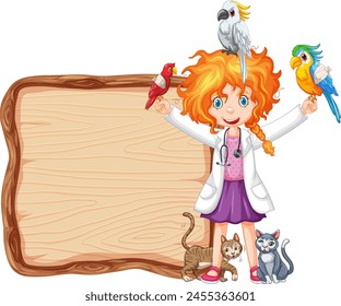 Cheerful girl surrounded by various cute animals.