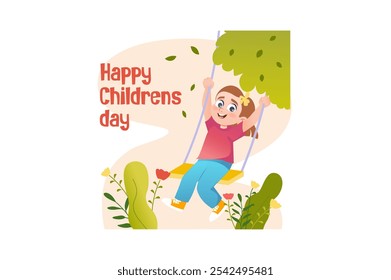 A cheerful girl is swinging in the park surrounded by flowers. Vector illustration