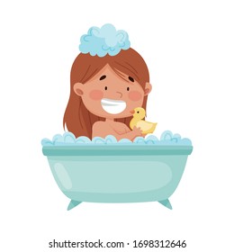 Cheerful Girl Taking a Bath Sitting in Bathtub and Playing with Yellow Duck Vector Illustration