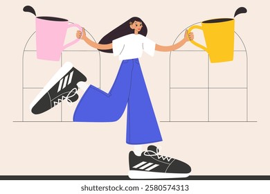 Cheerful Girl taking coffee break with two large cups of coffee. Modern isolated vector illustration. 