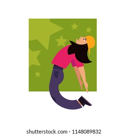Cheerful girl teen dancing in cap in hip hop style jumping bending back. Female cute character smiling having fun. Young happy dancer teenager. Vector illustration on green stars background