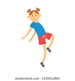 Cheerful girl teen kid dancing in hip hop style. Female cute character smiling having fun. Young happy dancer teenager. Vector isolated illustration.