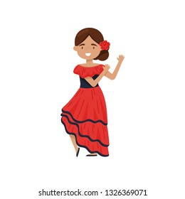 Cheerful girl in traditional Spanish dress. Flamenco dancer costume. National outfit of Spain. Flat vector design