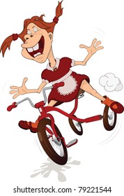 The cheerful girl and tricycle. Cartoon