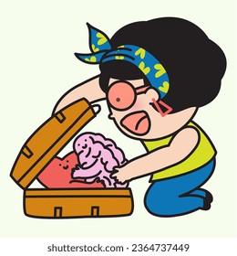 Cheerful Girl Is Trying To Fit Packing All Her Feelings Both Brain And Heart Into Travel Luggage For Vacation. Self Emotional Healing Concept Card Character illustration