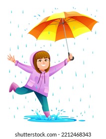 Cheerful girl with umbrella playing puddle in the rain cartoon illustration