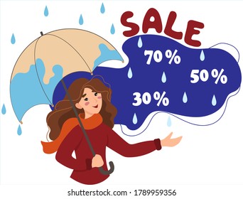 
Cheerful Girl under an umbrella. The woman catches discounts of 30%, 50%, 70%. Seasonal autumn sale.