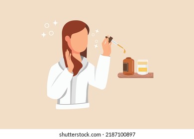 Cheerful girl using a face serum. Skin and beauty care concept. Colored flat graphic vector illustration isolated.