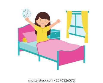 Cheerful Girl Waking Up In Bedroom