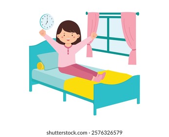 Cheerful Girl Waking Up In Bedroom