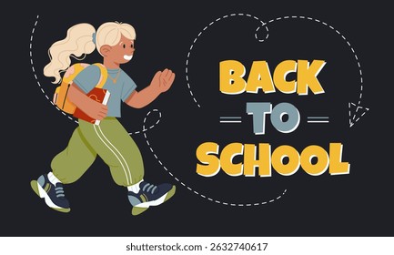 Cheerful Girl Walking Back to School with Books and Backpack
