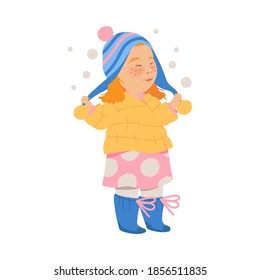 Cheerful Girl Walking and Enjoying Winter Holiday Vector Illustration