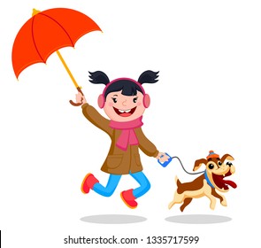Cheerful girl walks with a dog under an umbrella. Girl with a pet. Vector illustration.