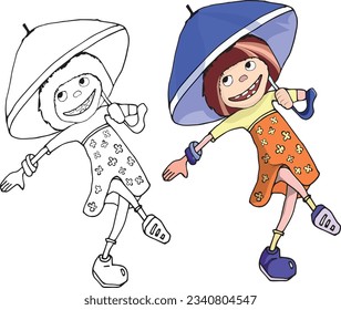 A cheerful girl walks under an umbrella. A design element or a page of a children's coloring book. Black-and-white and color contour illustration on a white background