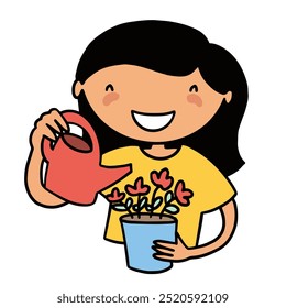A cheerful girl watering her flower pot, showcasing a love for gardening and nature