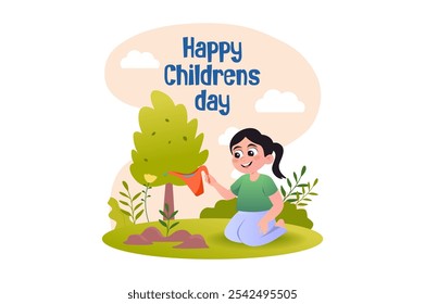 A cheerful girl is watering a small tree with a watering can on a sunny day. Vector illustration